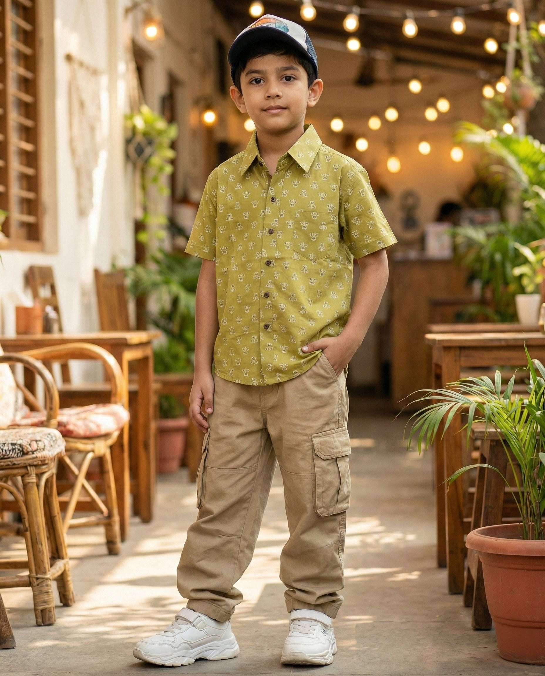 Ek'dor Vastram Boys' The Vintage Olive Meadow Half-Sleeve CottonShirt