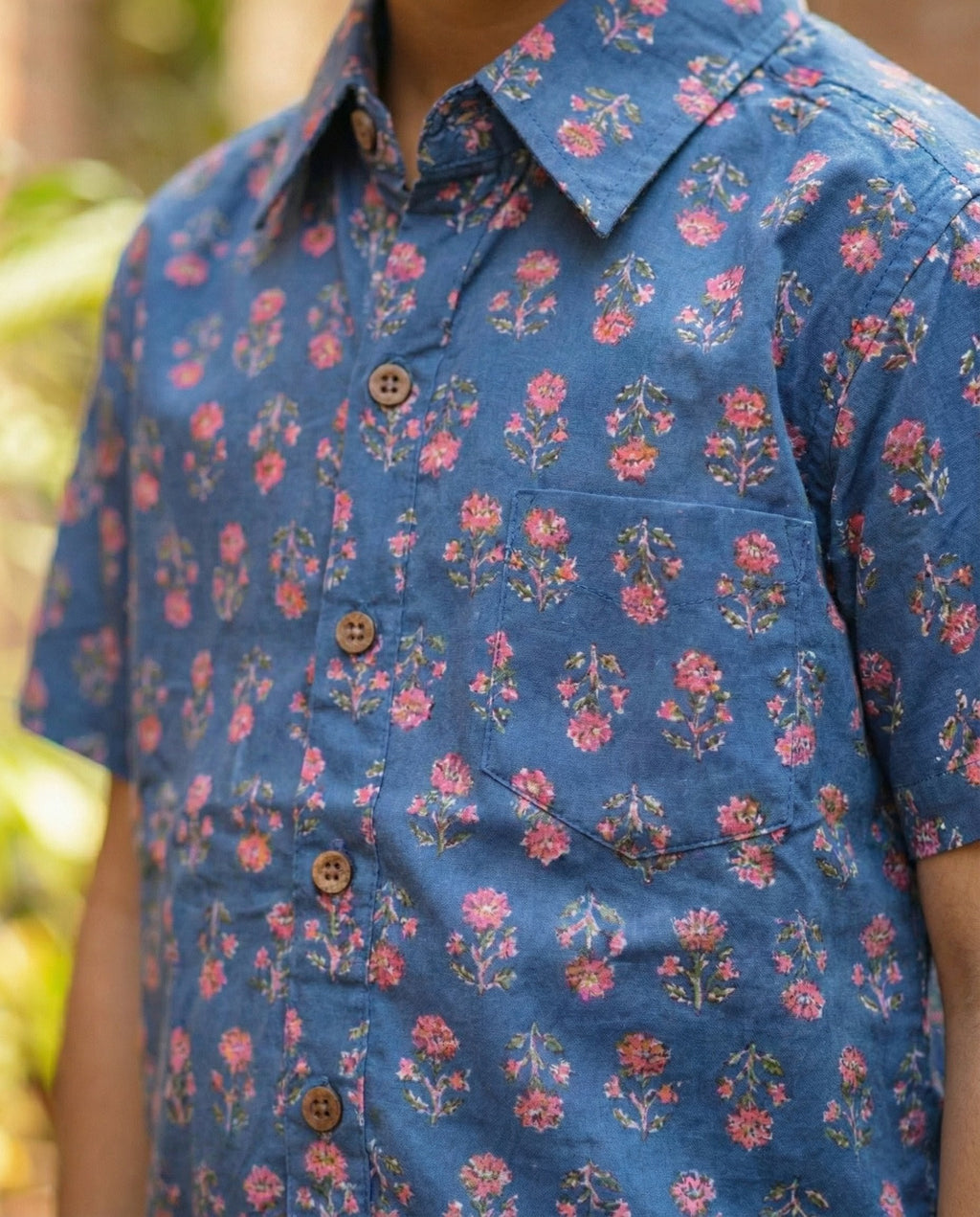 Ek'dor Vastram Boys' Cotton Blue Floral Block Print Half-Sleeve Shirt