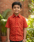 Boys' Festive Red Cotton Block Print Half-Sleeve Shirt
