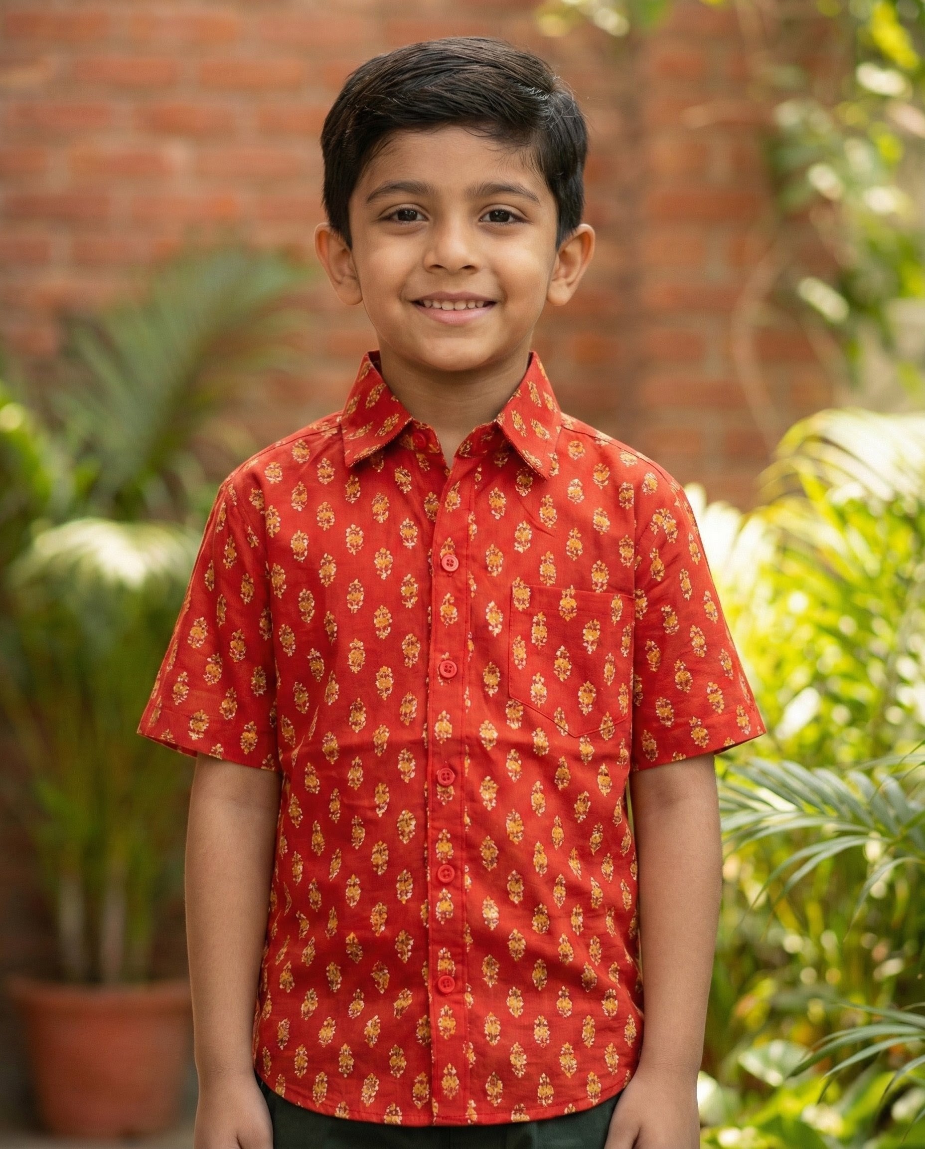 Boys' Festive Red Cotton Block Print Half-Sleeve Shirt