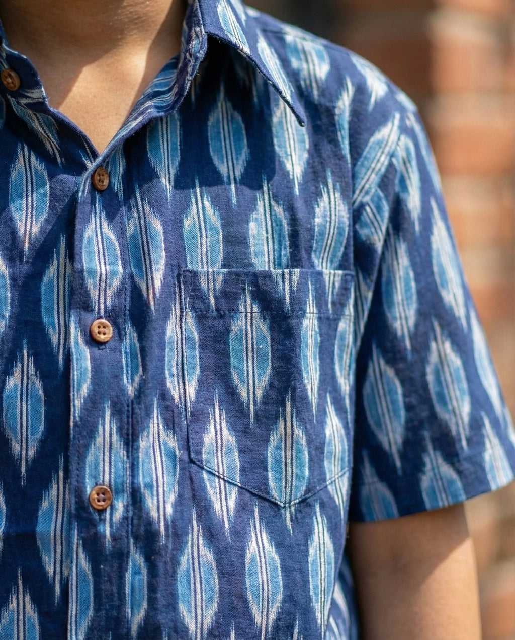 Boys' Handloom Indigo Ikat Print Half-Sleeve Cotton Shirt
