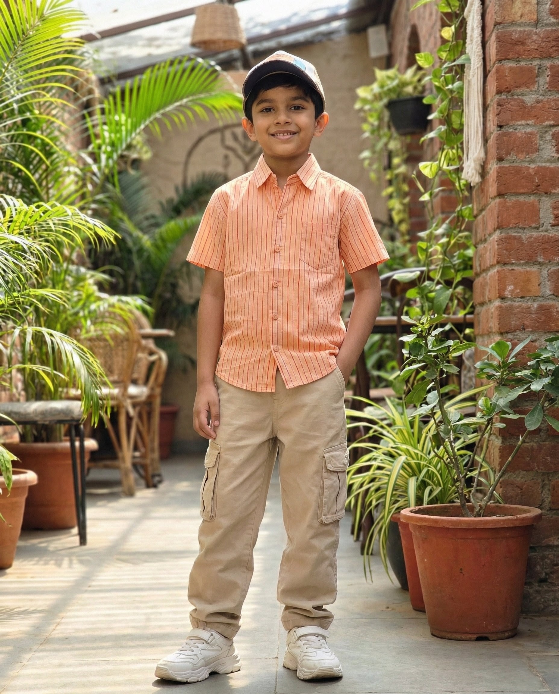 Ek'dor Vastram Boys' The Sunset Peach Pinstripe Half-Sleeve CottonShirt