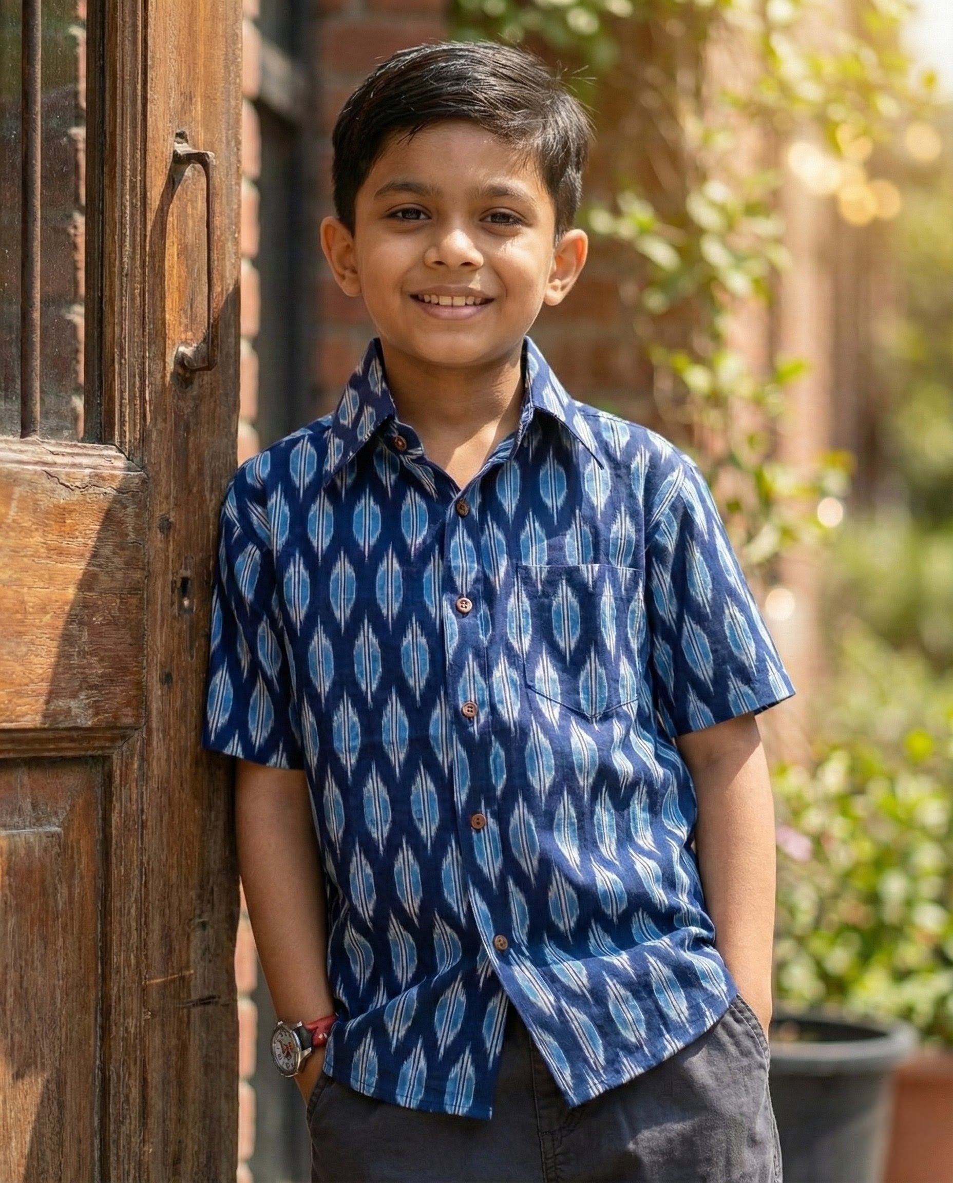 Boys' Handloom Indigo Ikat Print Half-Sleeve Cotton Shirt