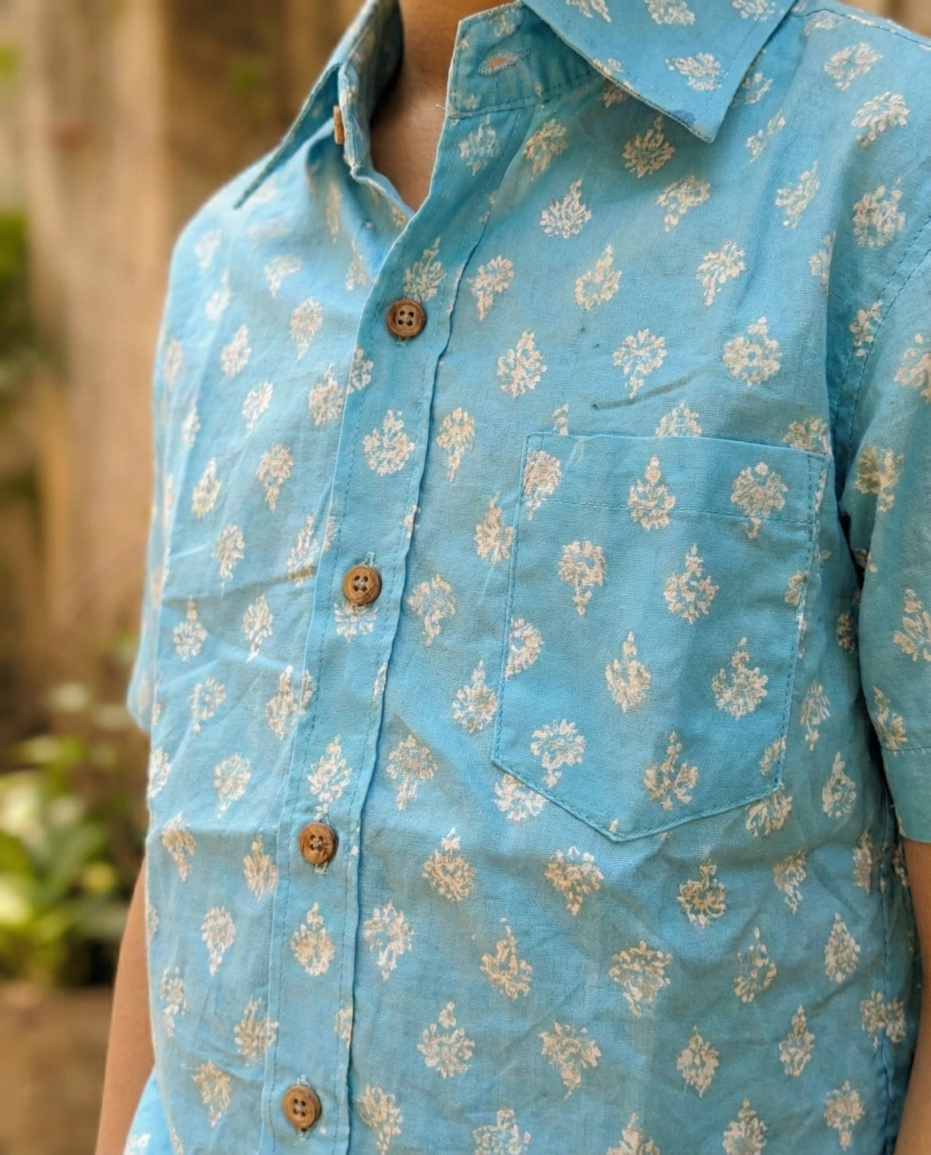 Ek'dor Vastram Boys'The Azure Sky Block-Print Half-Sleeve CottonShirt