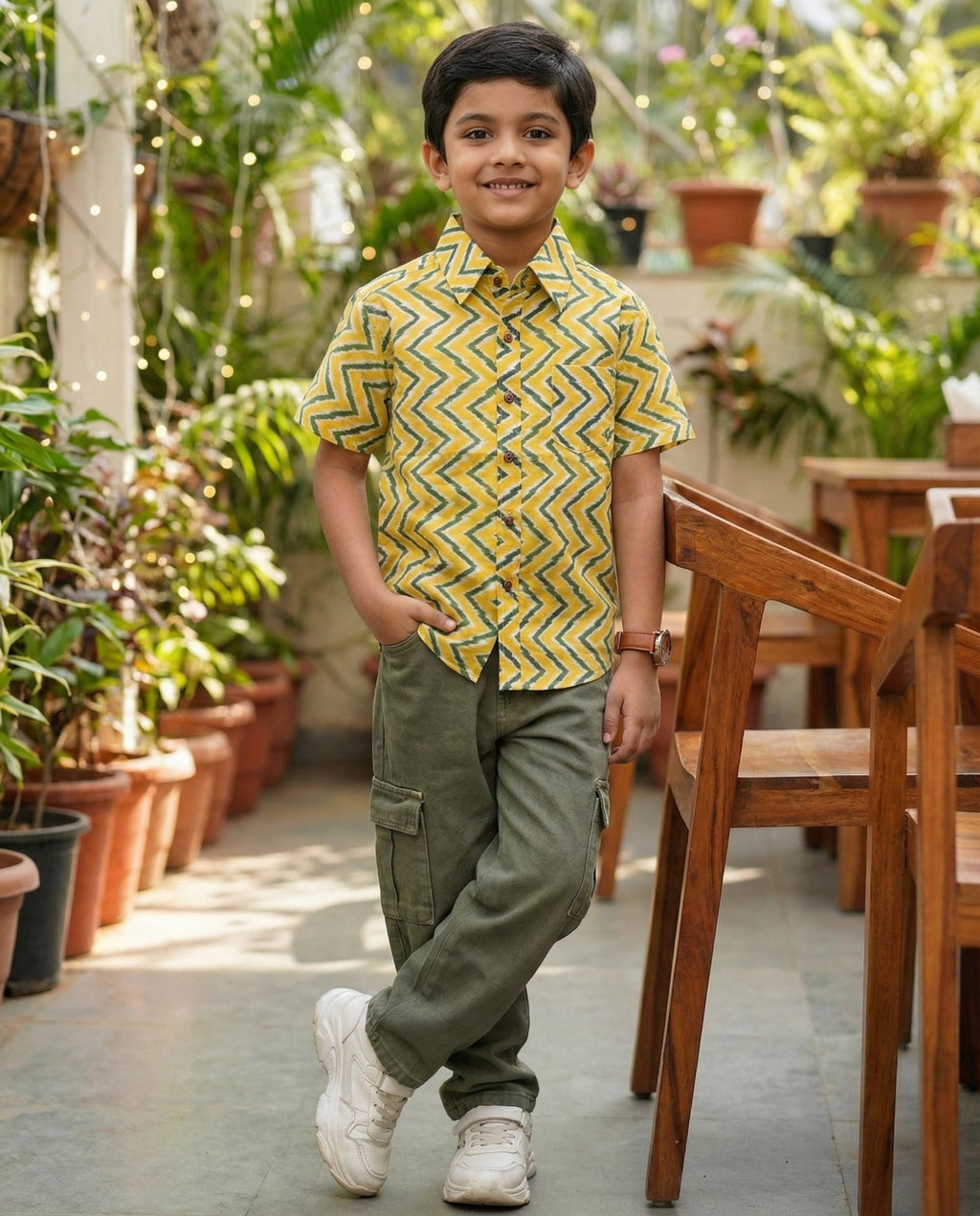 Ek'dor Vastram Boys' The Mustard & Olive Chevron Ikat Cotton Half-Sleeve Shirt