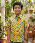Ek'dor Vastram Boys' The Mustard & Olive Chevron Ikat Cotton Half-Sleeve Shirt