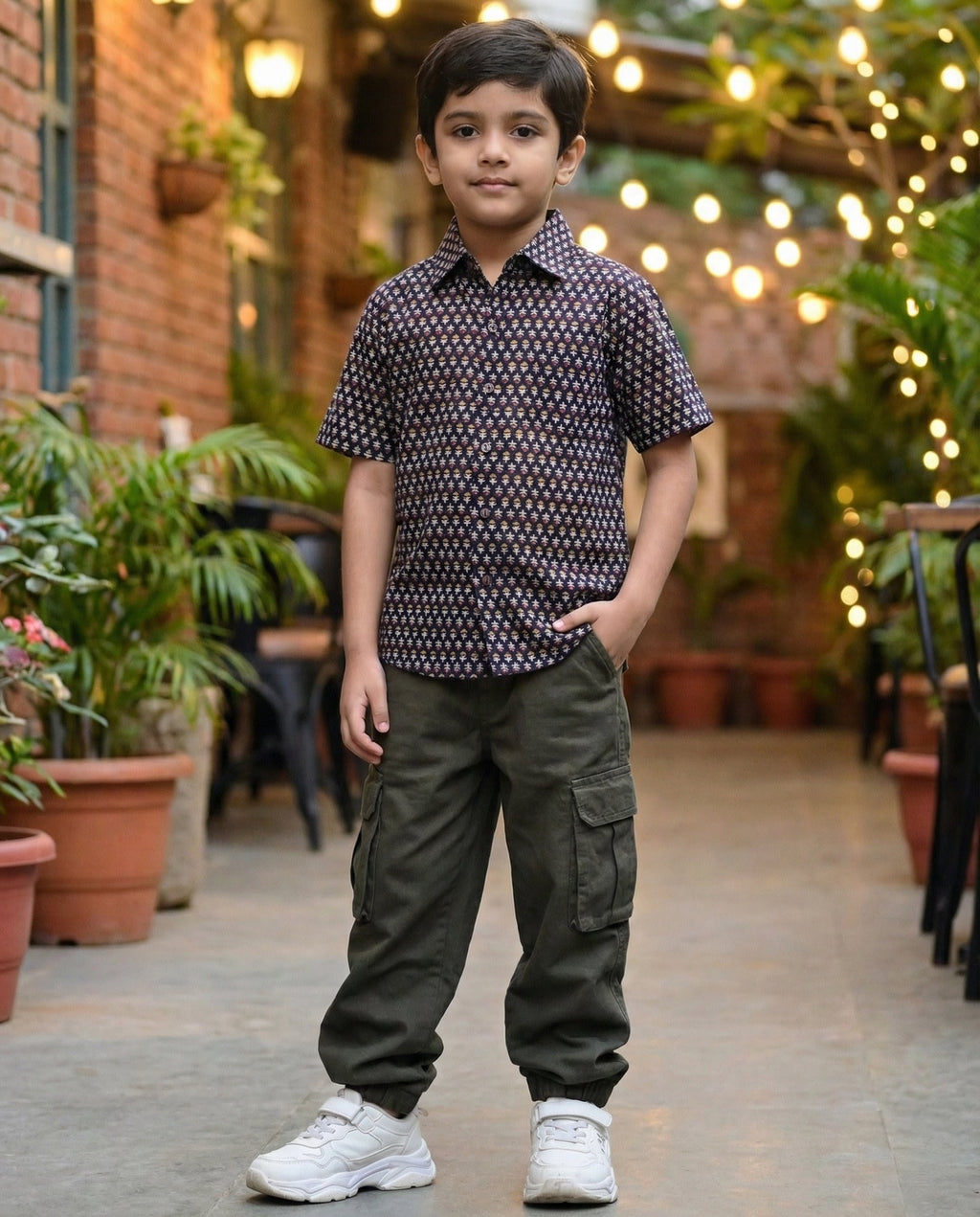 Ek'dor Vastram Boys' Handblock Navy Cotton Shirt - Traditional Print