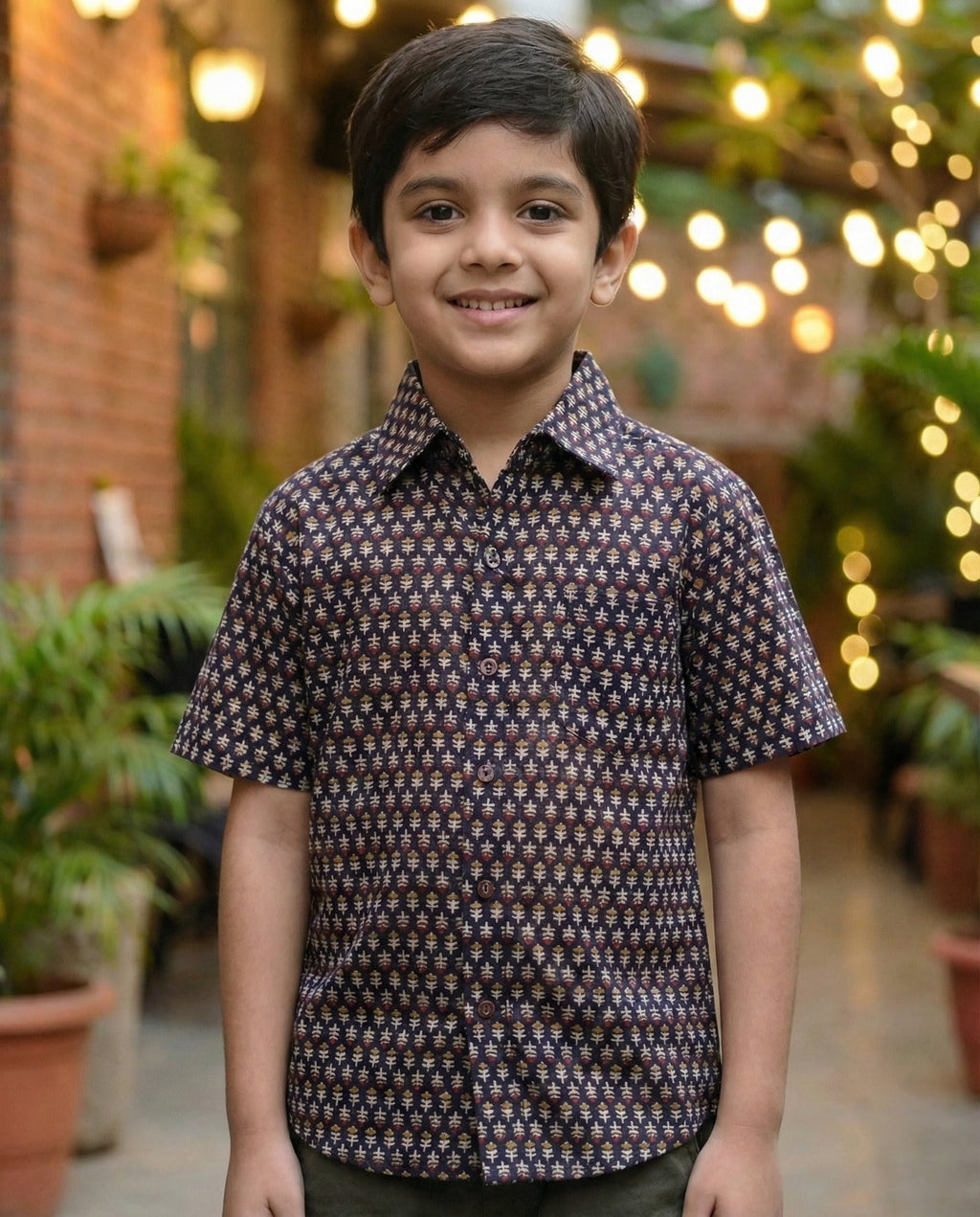 Ek'dor Vastram Boys' Handblock Navy Cotton Shirt - Traditional Print