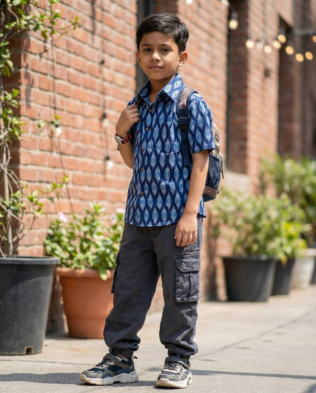 Boys' Handloom Indigo Ikat Print Half-Sleeve Cotton Shirt
