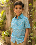 Ek'dor Vastram Boys'The Azure Sky Block-Print Half-Sleeve CottonShirt