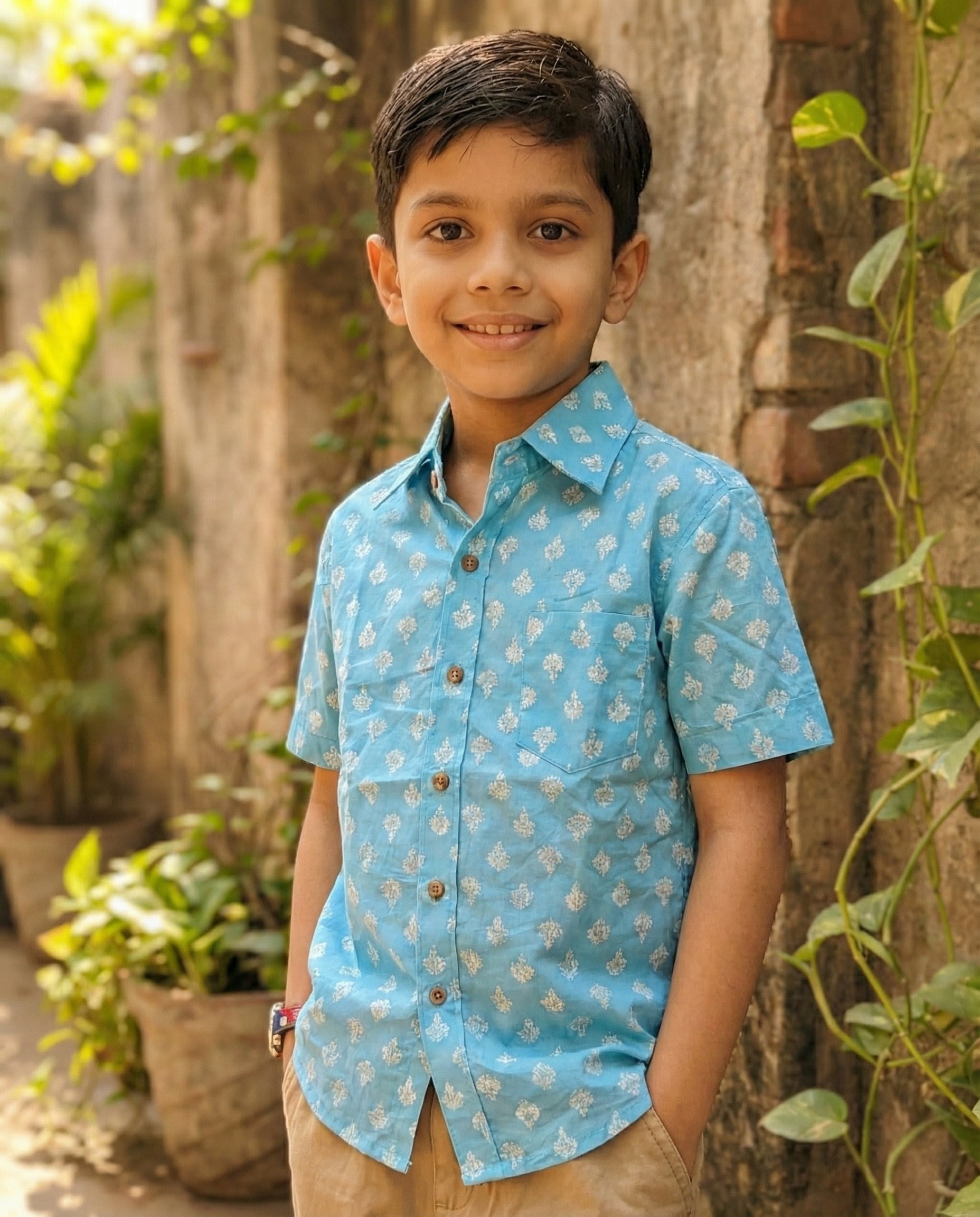 Ek'dor Vastram Boys'The Azure Sky Block-Print Half-Sleeve CottonShirt