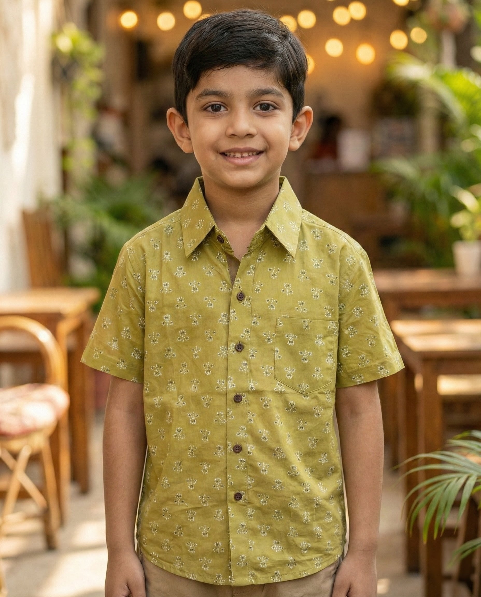 Ek'dor Vastram Boys' The Vintage Olive Meadow Half-Sleeve CottonShirt