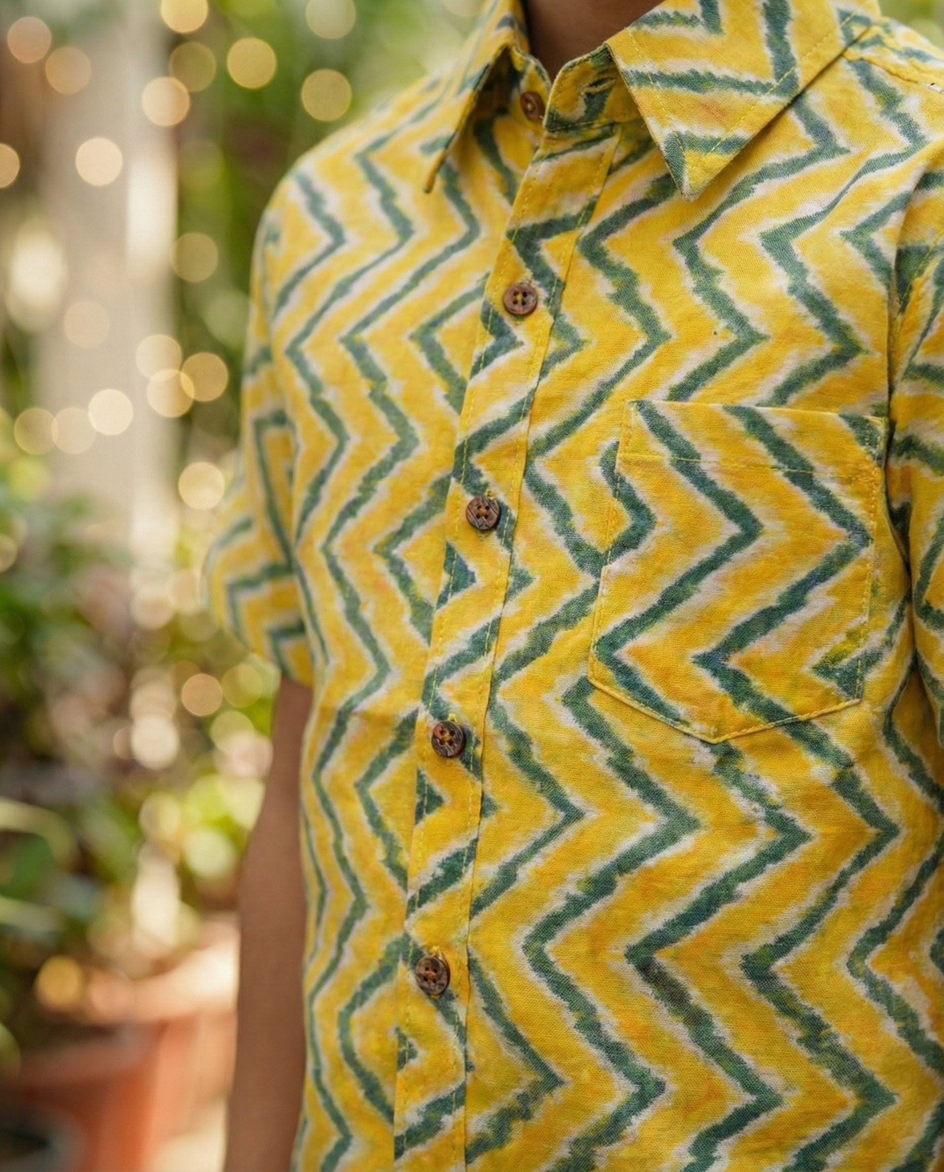 Ek'dor Vastram Boys' The Mustard & Olive Chevron Ikat Cotton Half-Sleeve Shirt
