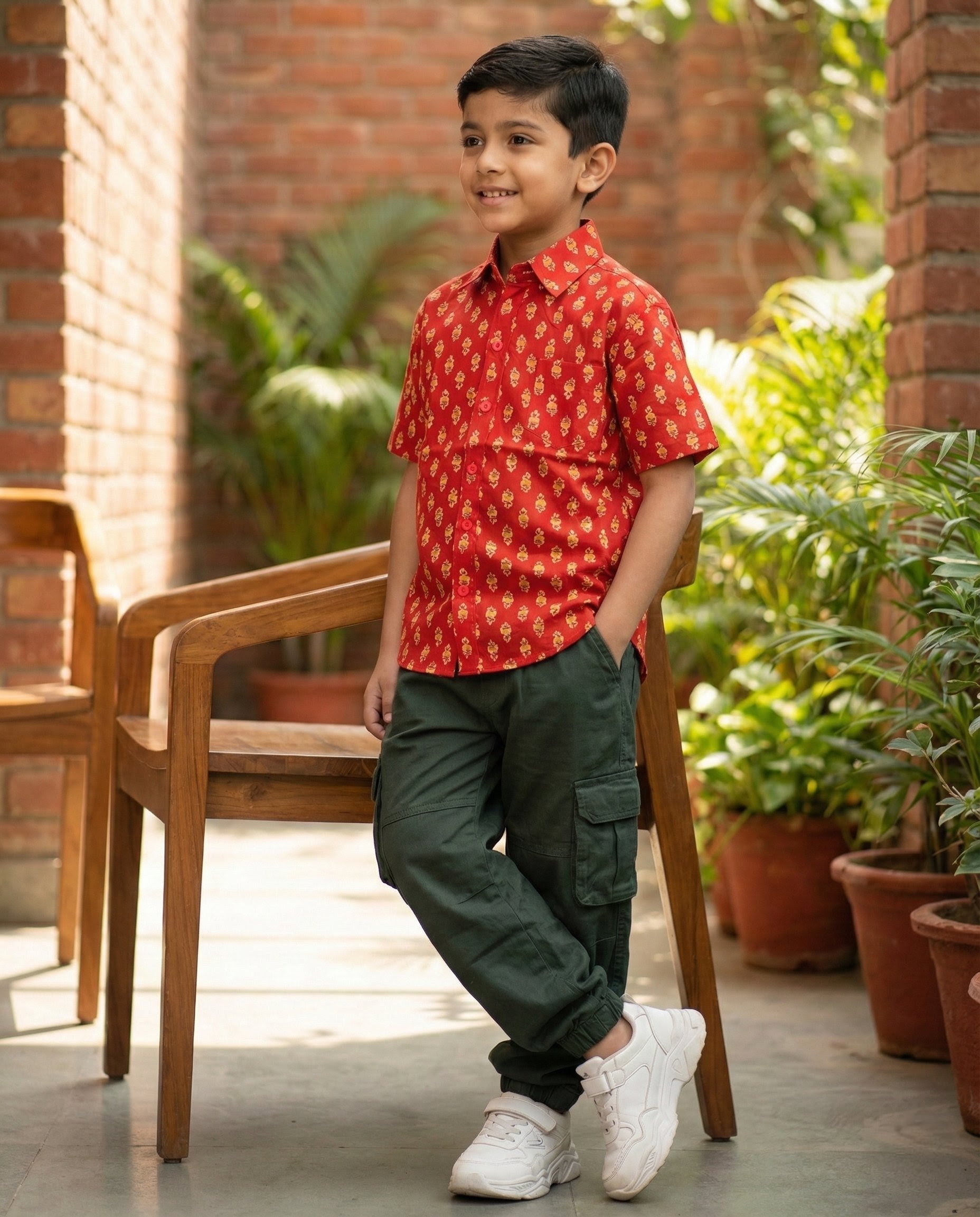 Boys' Festive Red Cotton Block Print Half-Sleeve Shirt