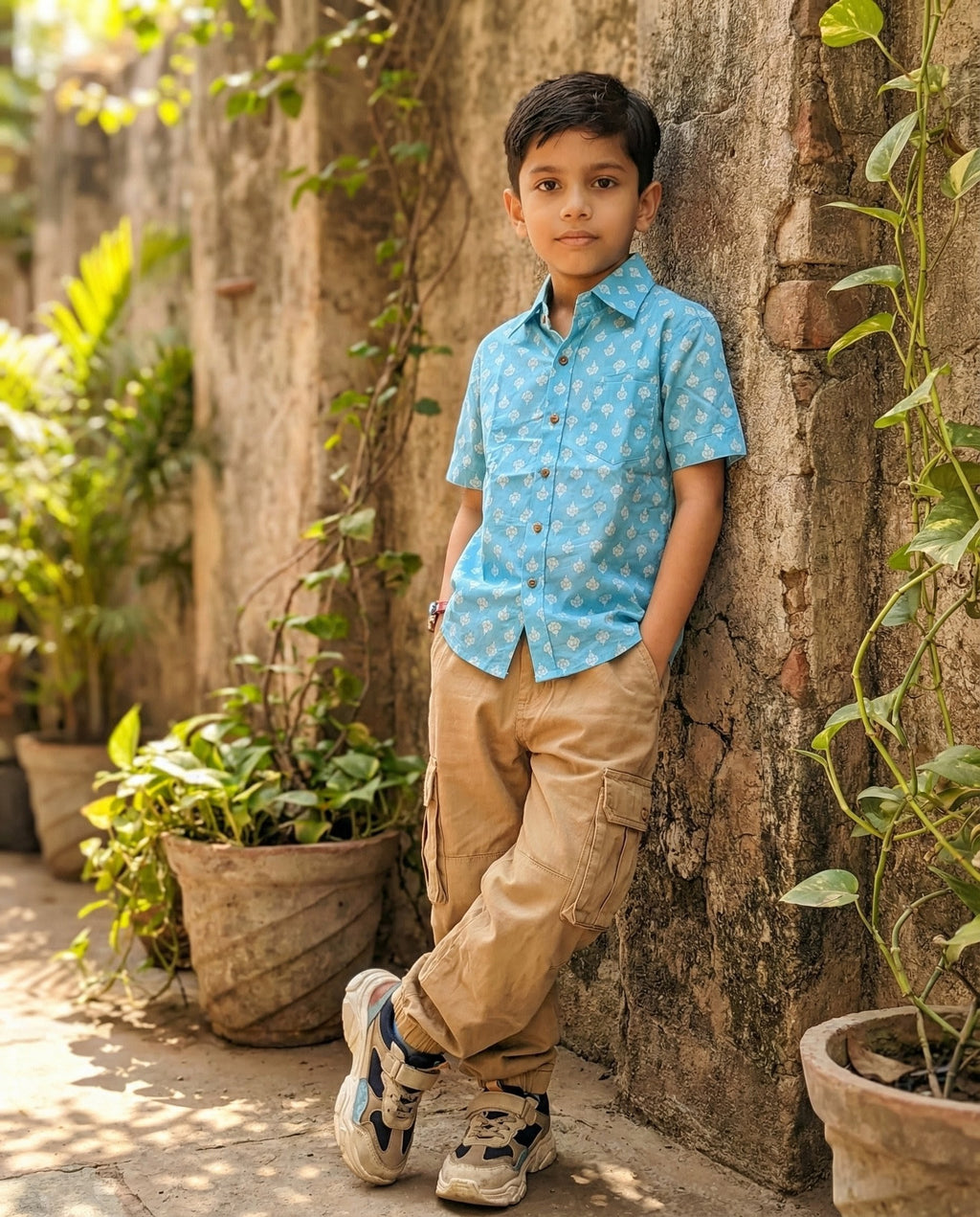 Ek'dor Vastram Boys'The Azure Sky Block-Print Half-Sleeve CottonShirt