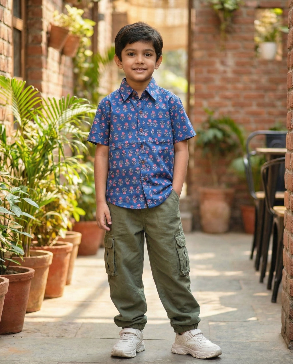 Ek'dor Vastram Boys' Cotton Blue Floral Block Print Half-Sleeve Shirt