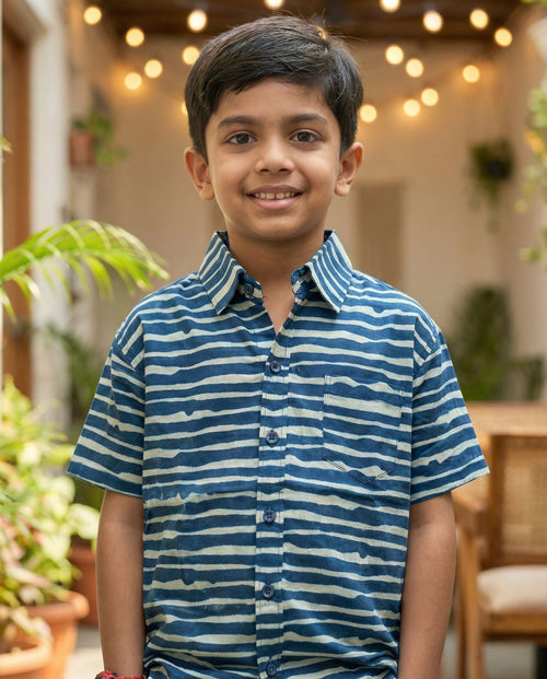 Ek'dor Vastram Boys' The Indigo Ripple Stripe Half-Sleeve CottonShirt