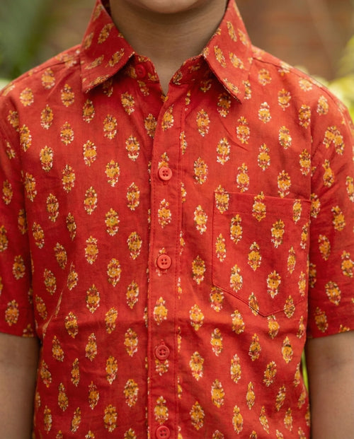 Boys' Festive Red Cotton Block Print Half-Sleeve Shirt