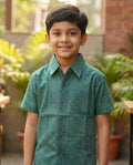 Ek'dor Vastram Boys' Teal Green Textured Cotton Half-Sleeve Shirt