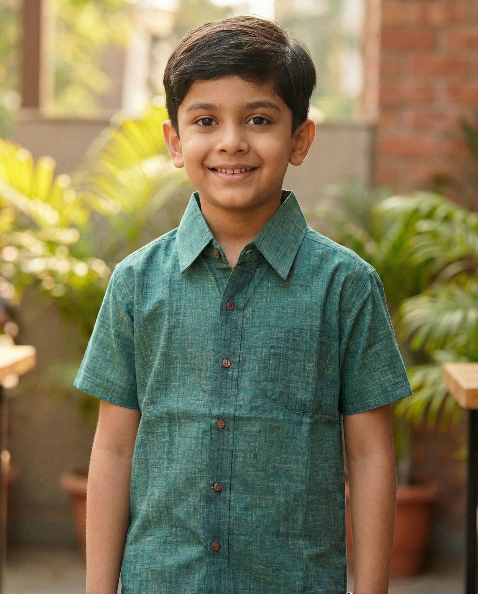 Ek'dor Vastram Boys' Teal Green Textured Cotton Half-Sleeve Shirt