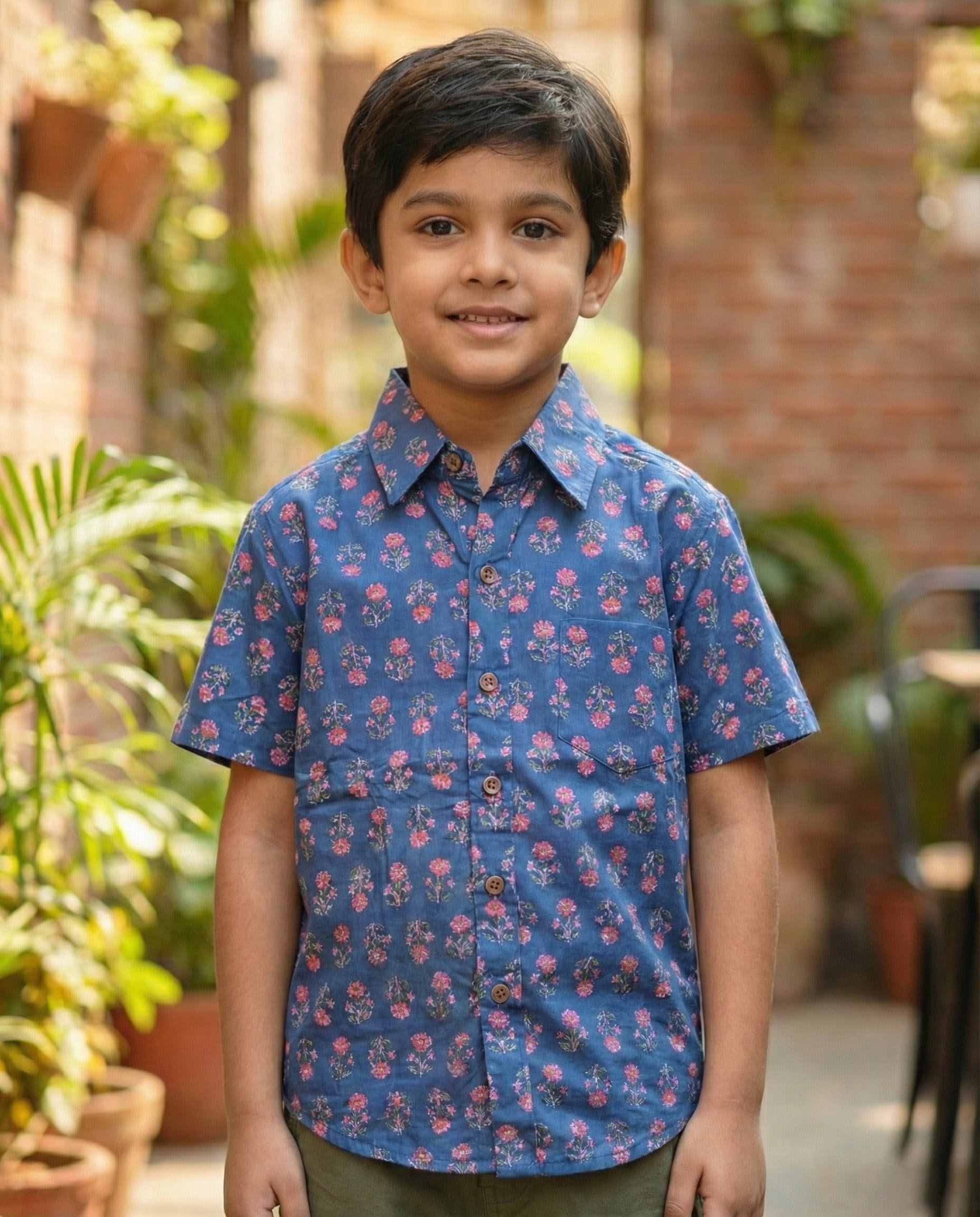Ek'dor Vastram Boys' Cotton Blue Floral Block Print Half-Sleeve Shirt