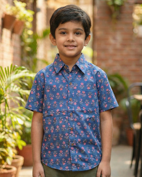 Ek'dor Vastram Boys' Cotton Blue Floral Block Print Half-Sleeve Shirt