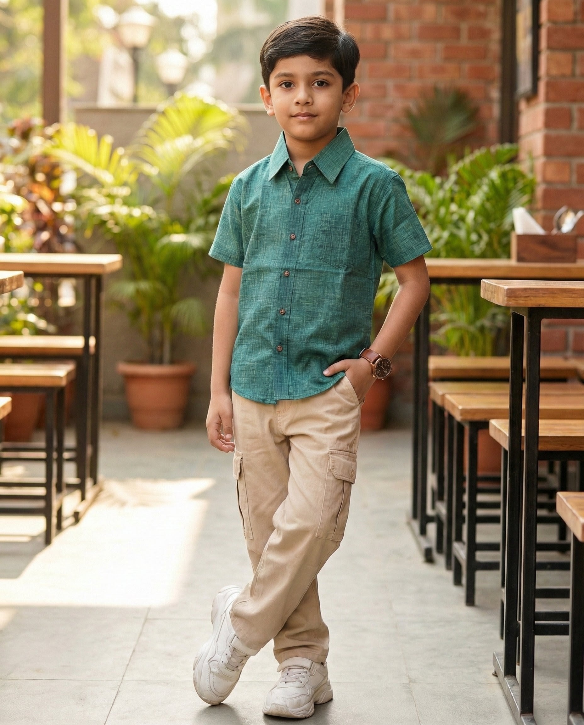 Ek'dor Vastram Boys' Teal Green Textured Cotton Half-Sleeve Shirt
