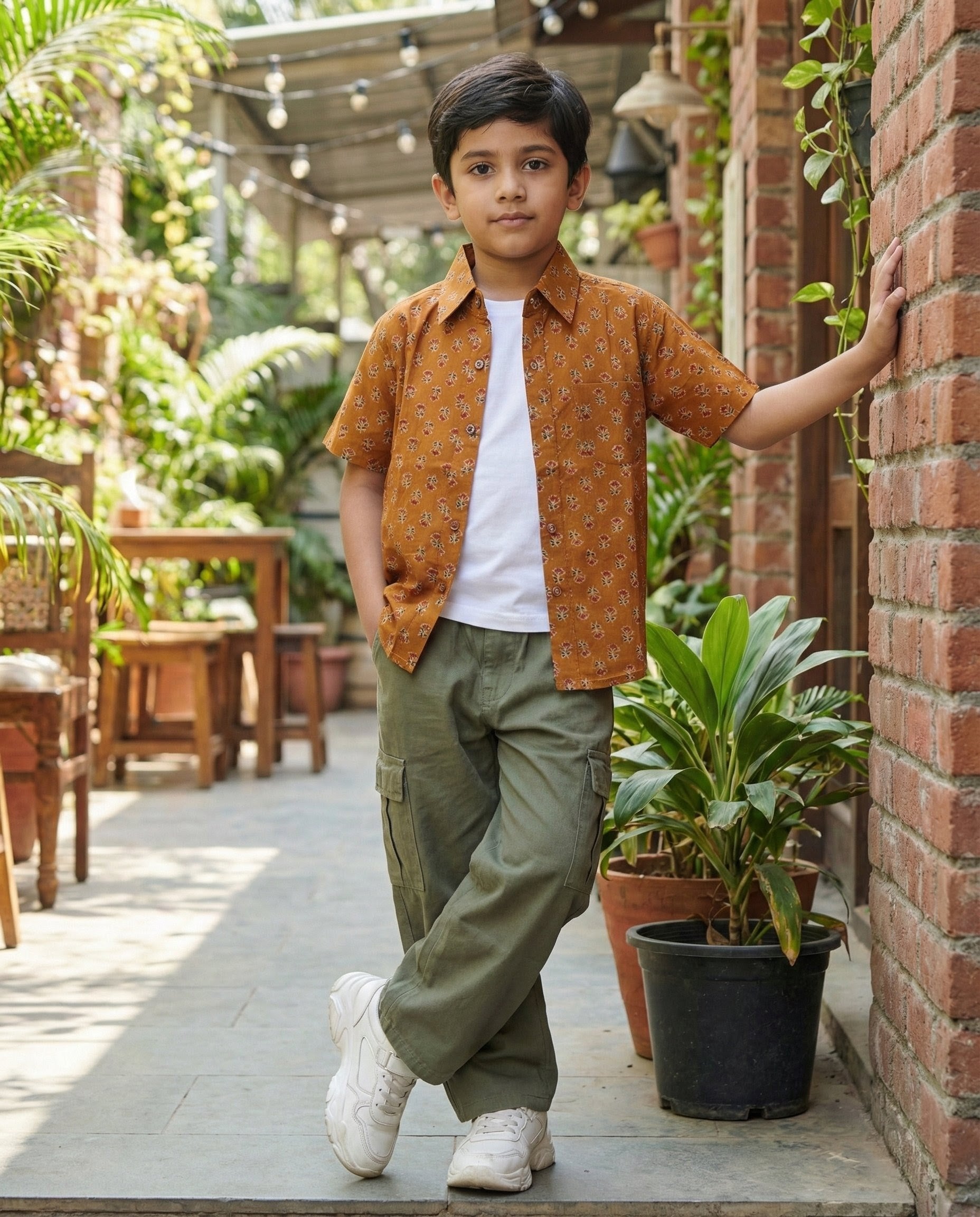 Ek'dor Vastram Boys' The Rustic Cinnamon Floral Half-Sleeve CottonShirt