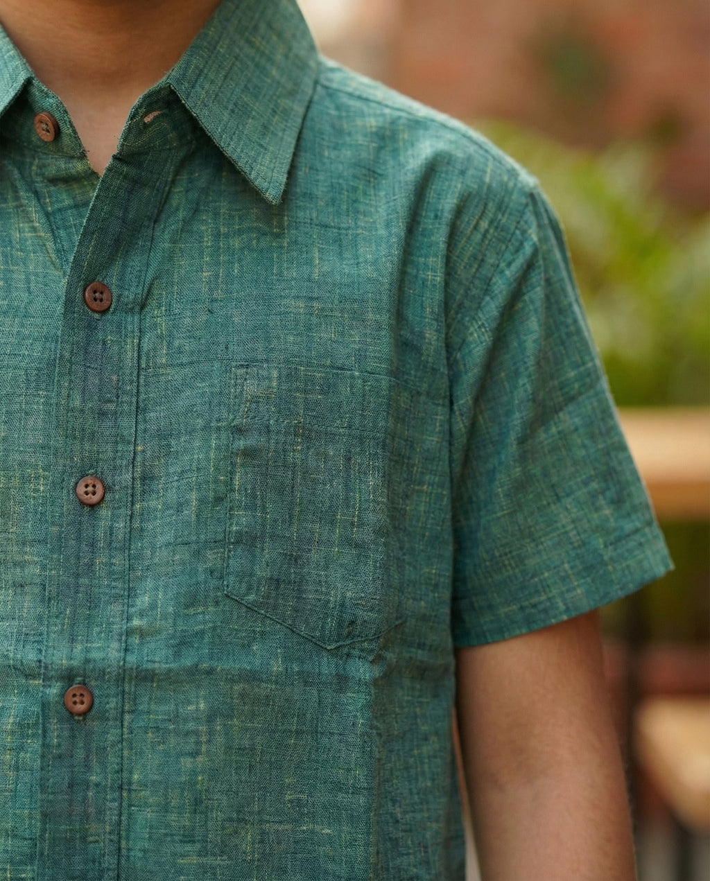 Ek'dor Vastram Boys' Teal Green Textured Cotton Half-Sleeve Shirt