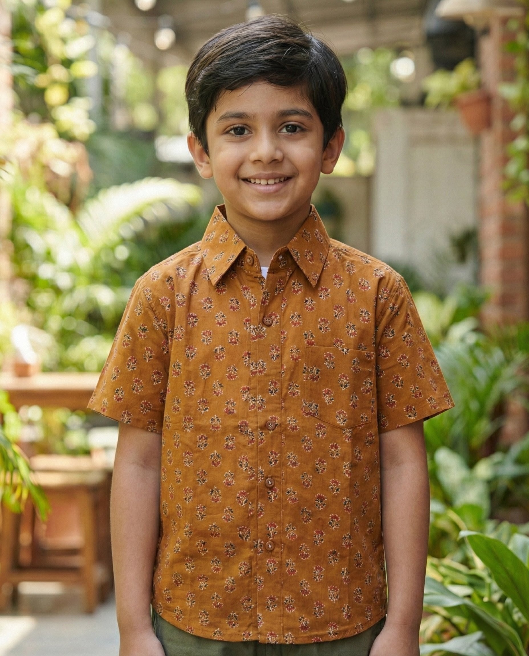 Ek'dor Vastram Boys' The Rustic Cinnamon Floral Half-Sleeve CottonShirt